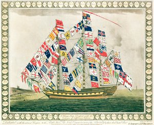 Een koninklijk schip versierd met de kleuren van verschillende naties, 6 oktober 1794 door English School